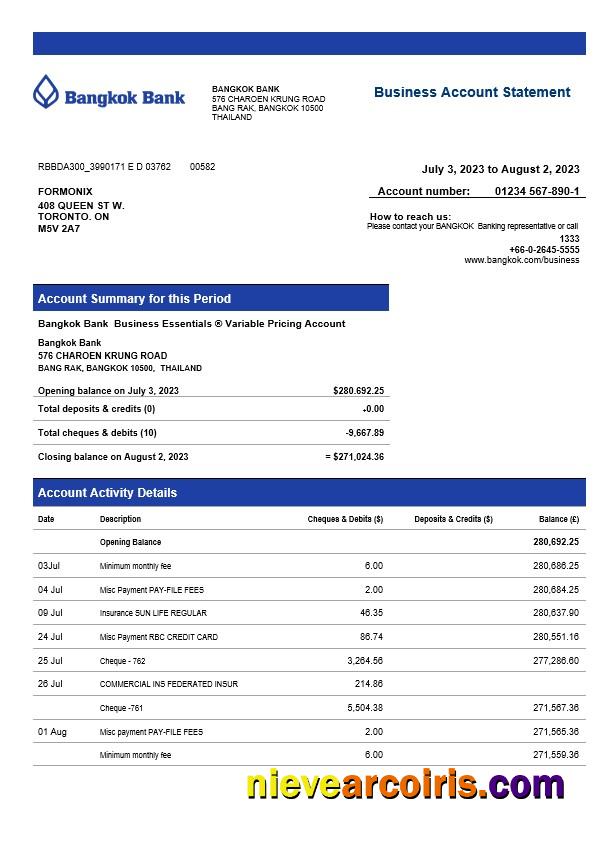Bangkok Bank corporate checking account statement